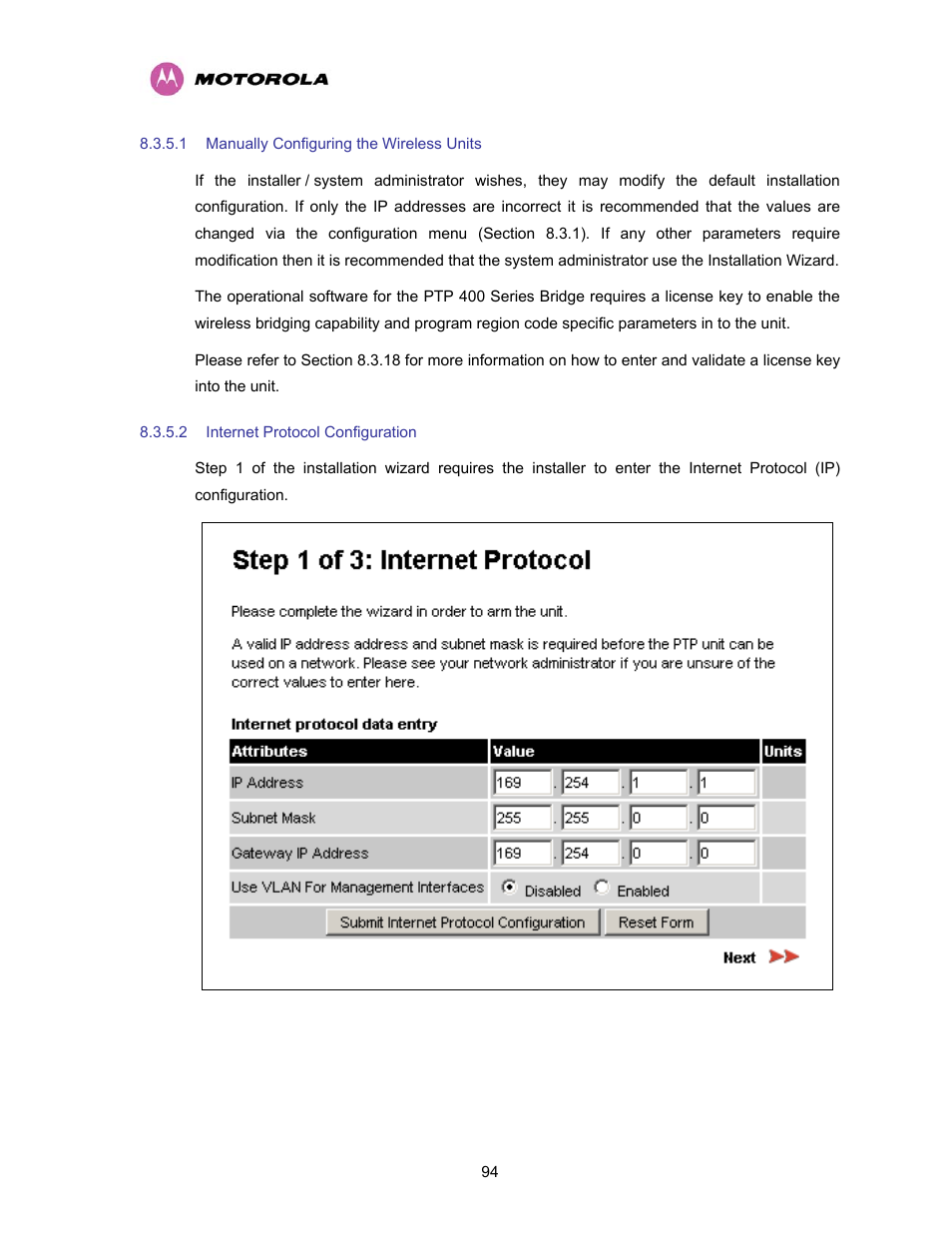 1 manually configuring the wireless units, 2 internet protocol configuration, Manually configuring the wireless units | Internet protocol configuration | Motorola PTP 400 Series User Manual | Page 96 / 208