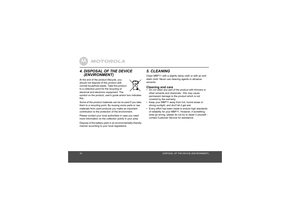 Disposal of the device, Cleaning, Environment) | Motorola MBP11 User Manual | Page 10 / 17