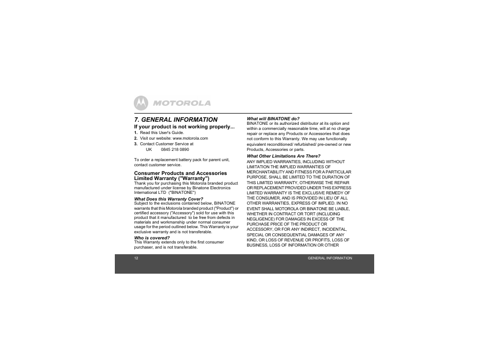 General information | Motorola MBP11 User Manual | Page 12 / 17