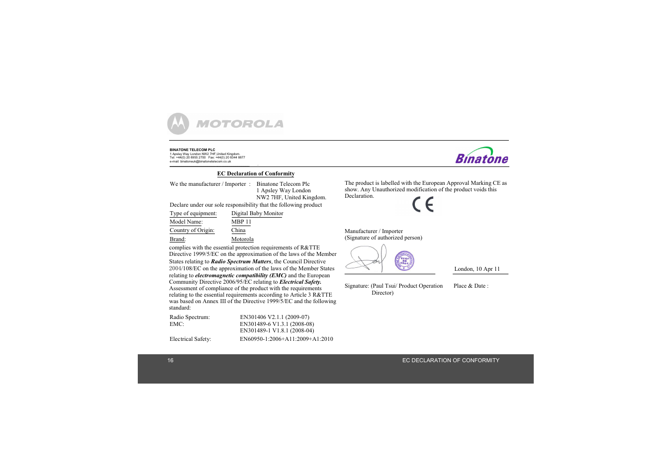 Motorola MBP11 User Manual | Page 16 / 17