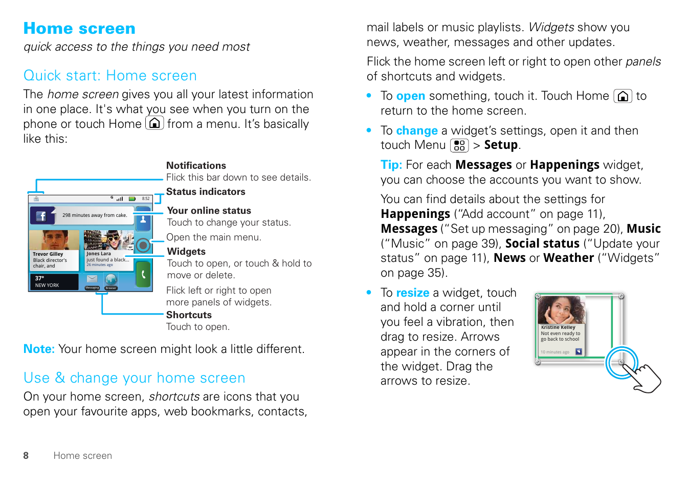 Home screen, Quick start: home screen, Use & change your home screen | Quick access to the things you need most | Motorola FLIPOUT 68004121004 User Manual | Page 10 / 64