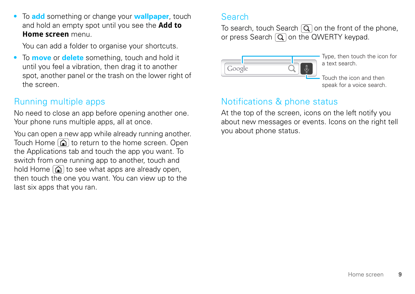 Running multiple apps, Search, Notifications & phone status | Motorola FLIPOUT 68004121004 User Manual | Page 11 / 64