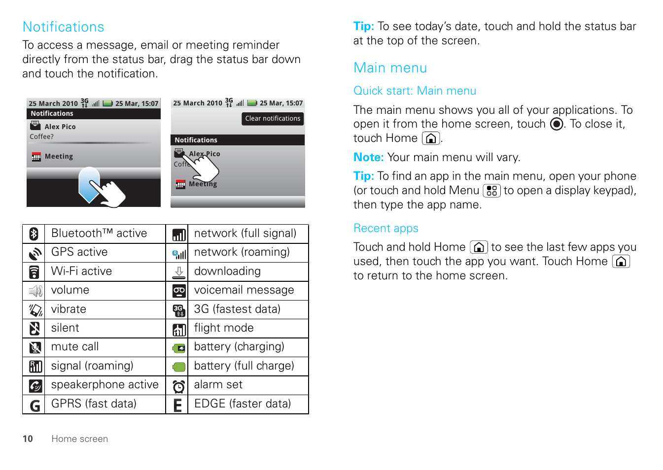Notifications, Main menu | Motorola FLIPOUT 68004121004 User Manual | Page 12 / 64