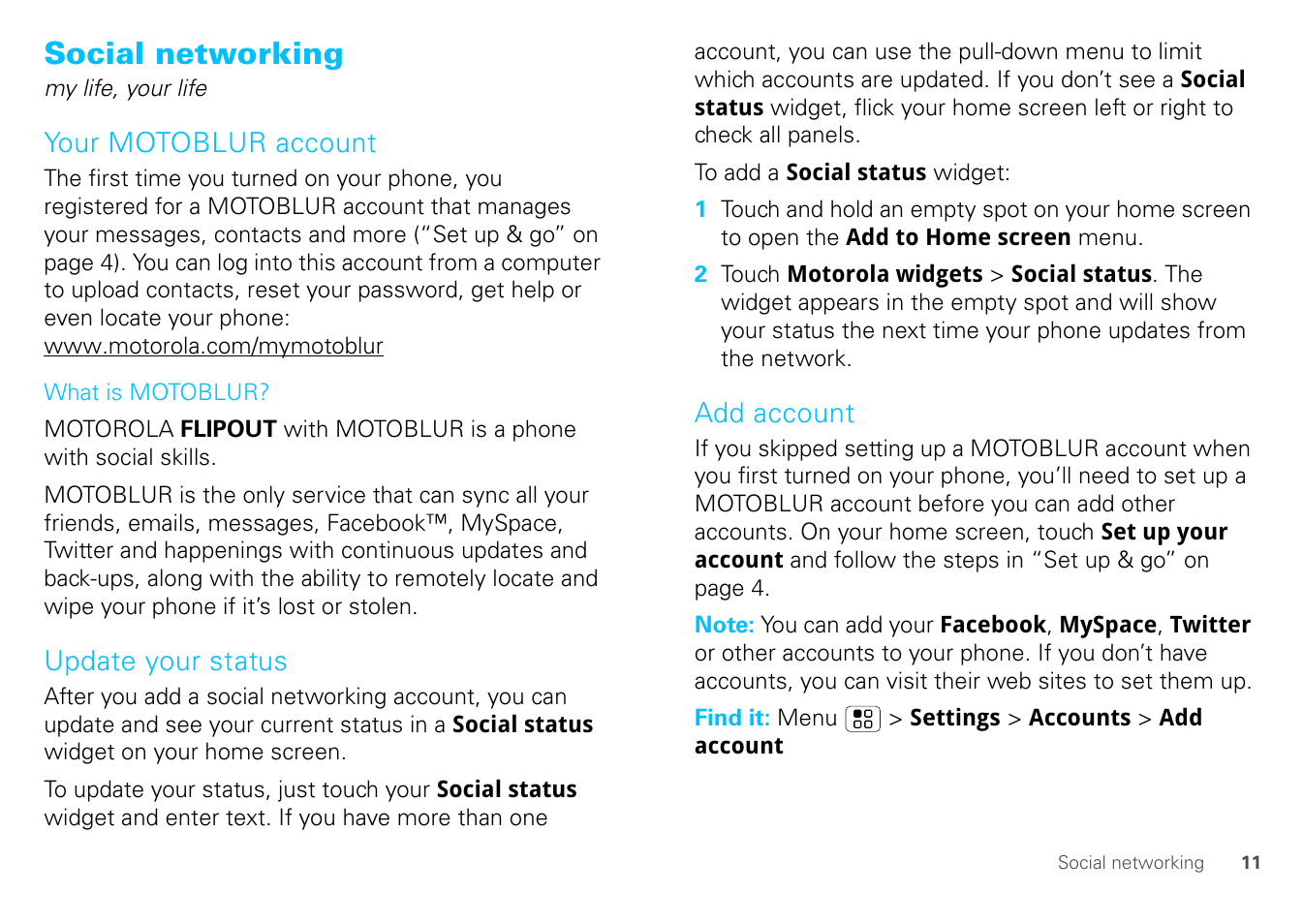 Social networking, Your motoblur account, Update your status | Add account, Update your | Motorola FLIPOUT 68004121004 User Manual | Page 13 / 64