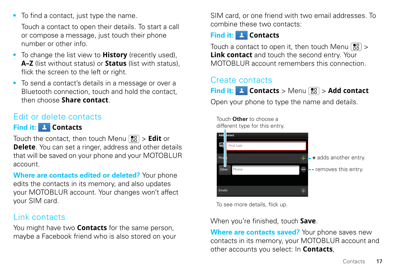 Edit or delete contacts, Link contacts, Create contacts | Motorola FLIPOUT 68004121004 User Manual | Page 19 / 64