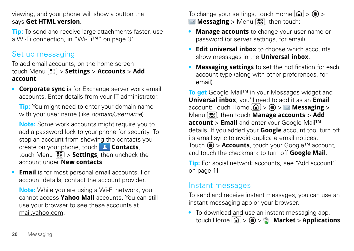 Set up messaging, Instant messages | Motorola FLIPOUT 68004121004 User Manual | Page 22 / 64