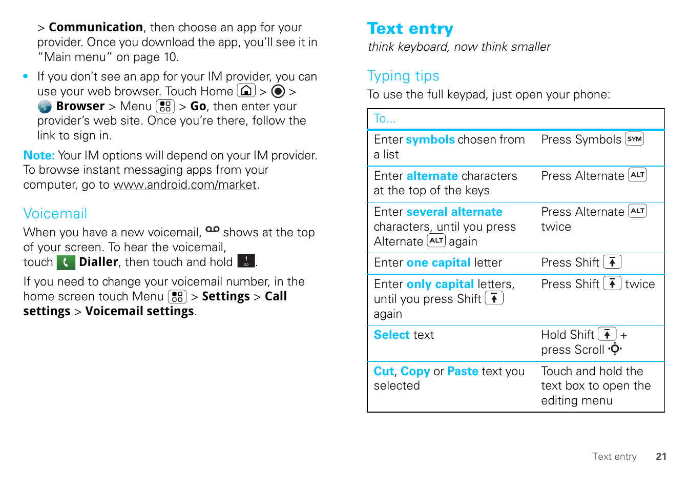 Voicemail, Text entry, Typing tips | Motorola FLIPOUT 68004121004 User Manual | Page 23 / 64