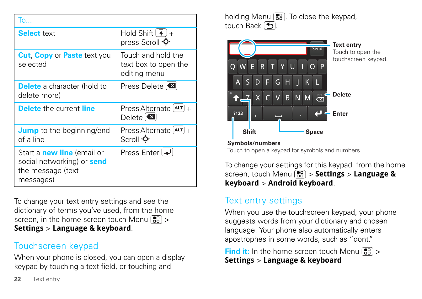 Touchscreen keypad, Text entry settings | Motorola FLIPOUT 68004121004 User Manual | Page 24 / 64