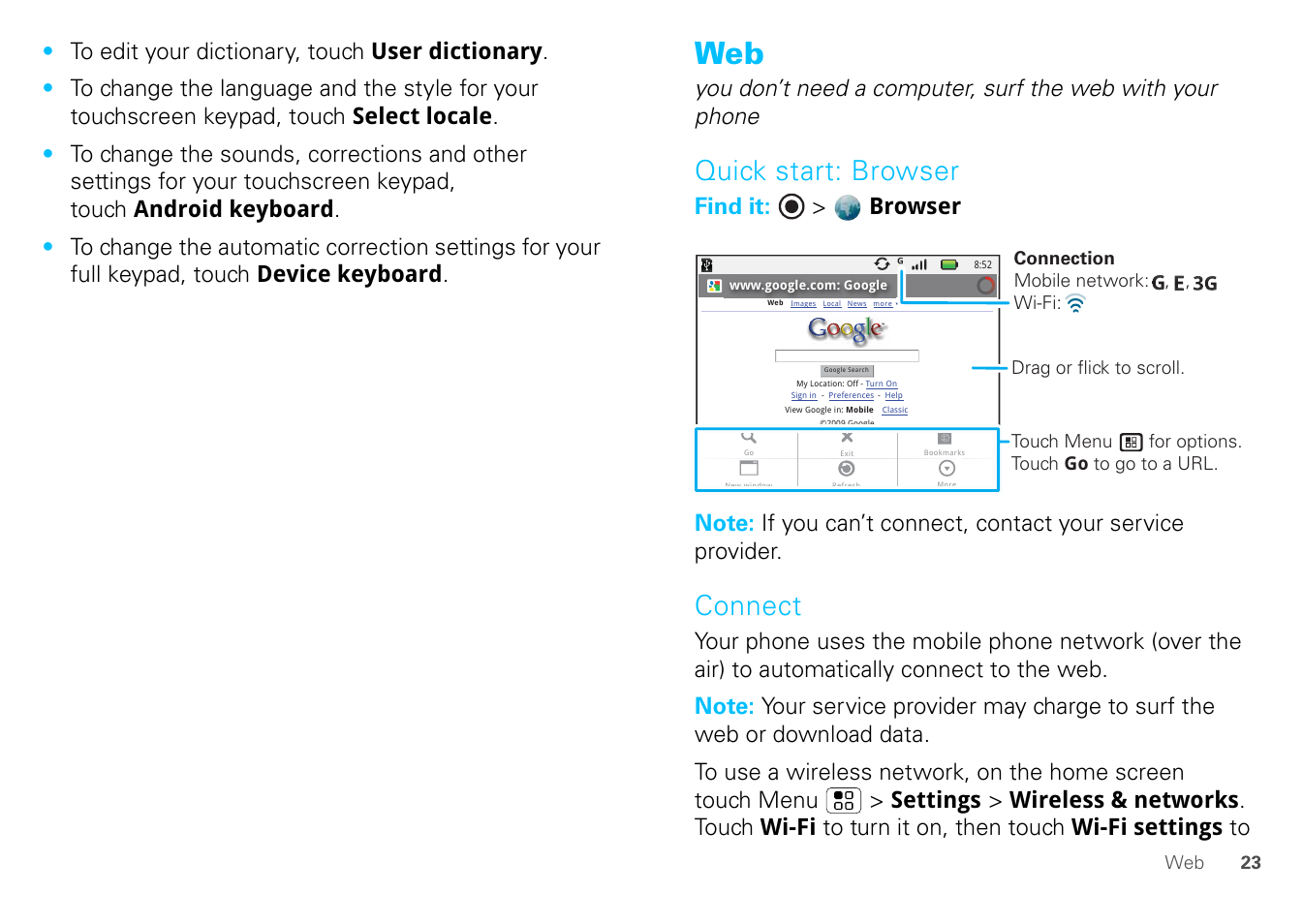 Quick start: browser, Connect | Motorola FLIPOUT 68004121004 User Manual | Page 25 / 64