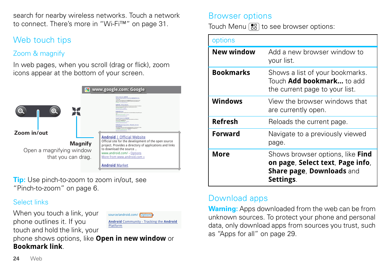 Web touch tips, Browser options, Download apps | Touch menu to see browser options | Motorola FLIPOUT 68004121004 User Manual | Page 26 / 64
