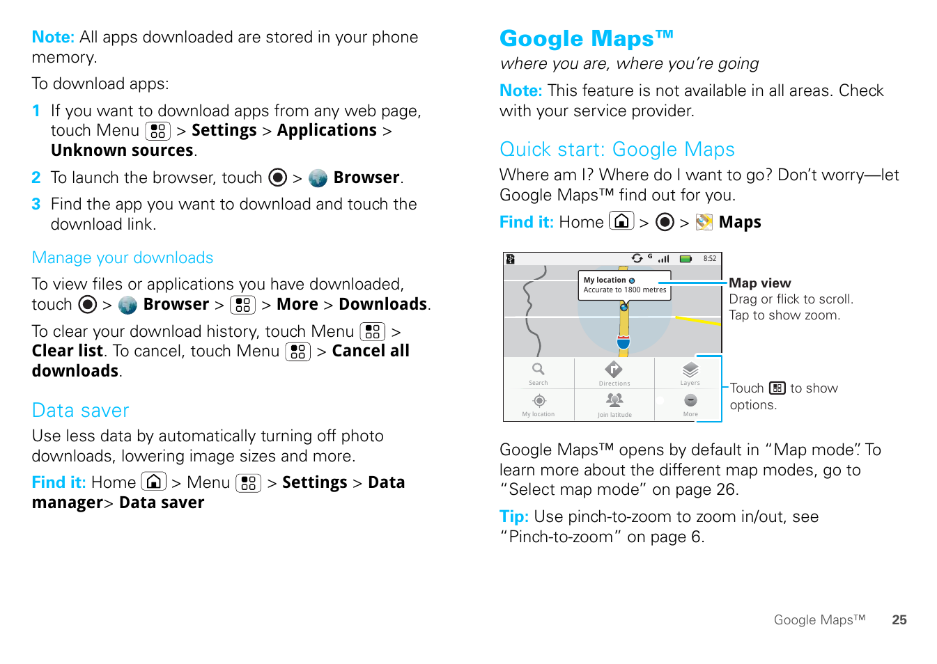 Data saver, Google maps, Quick start: google maps | Motorola FLIPOUT 68004121004 User Manual | Page 27 / 64