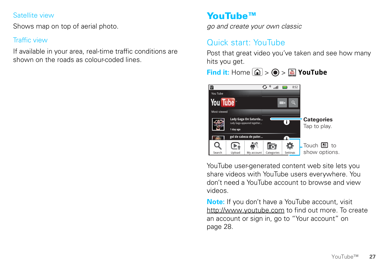 Youtube, Quick start: youtube, Go and create your own classic | Motorola FLIPOUT 68004121004 User Manual | Page 29 / 64