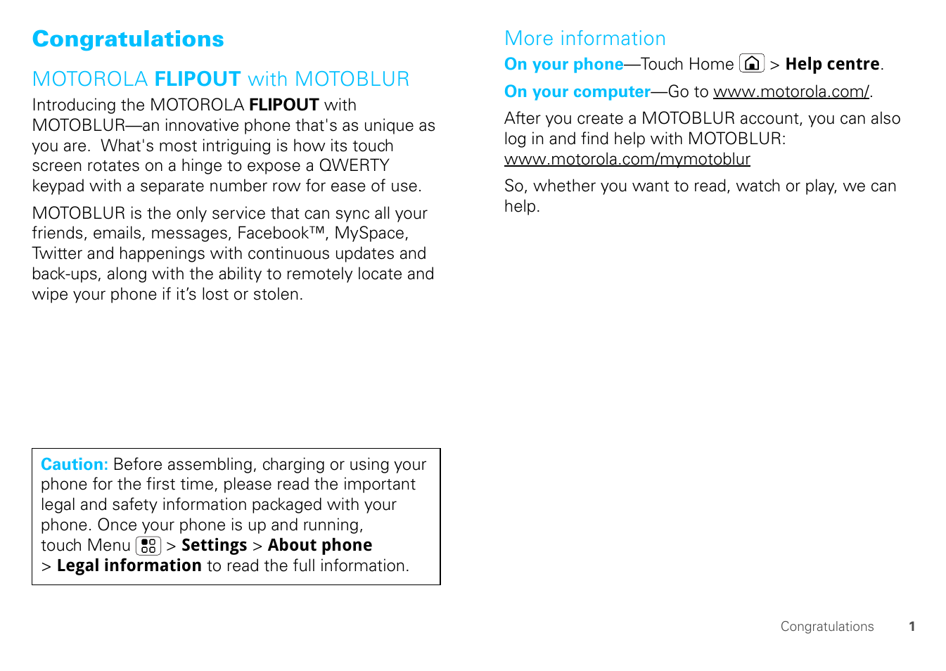 Congratulations | Motorola FLIPOUT 68004121004 User Manual | Page 3 / 64