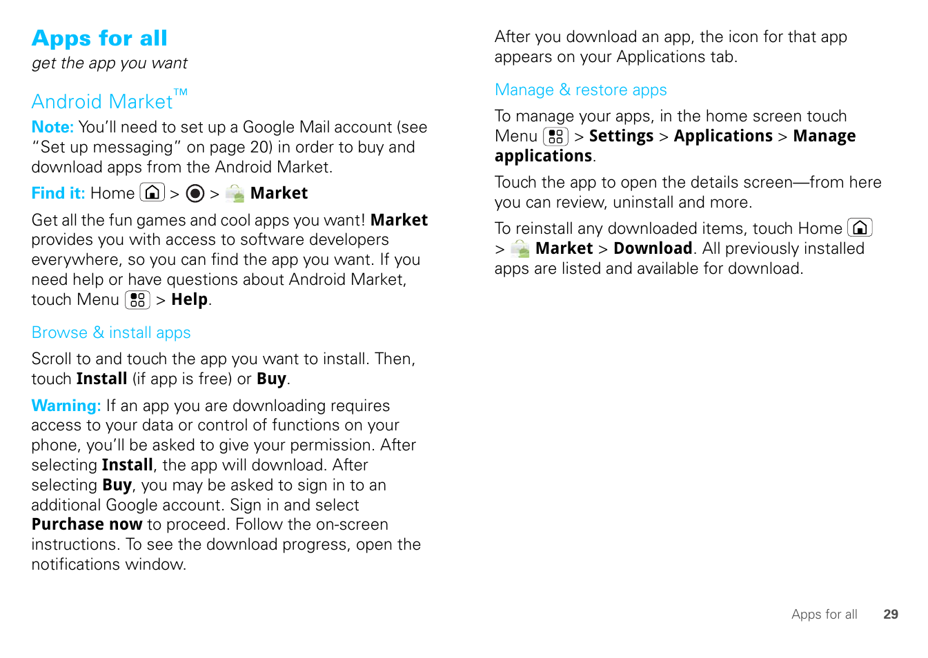 Apps for all, Android market | Motorola FLIPOUT 68004121004 User Manual | Page 31 / 64