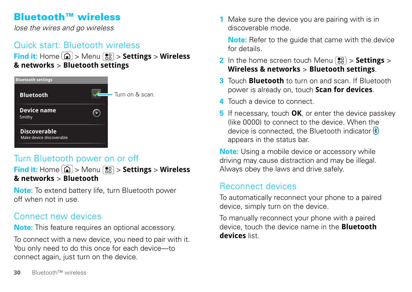 Bluetooth™ wireless, Quick start: bluetooth wireless, Turn bluetooth power on or off | Connect new devices, Reconnect devices, Bluetooth | Motorola FLIPOUT 68004121004 User Manual | Page 32 / 64