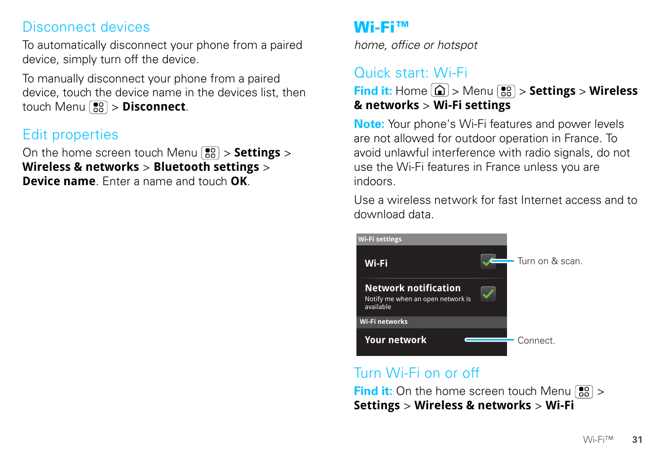 Disconnect devices, Edit properties, Wi-fi | Quick start: wi-fi, Turn wi-fi on or off, E “wi-fi™” on | Motorola FLIPOUT 68004121004 User Manual | Page 33 / 64