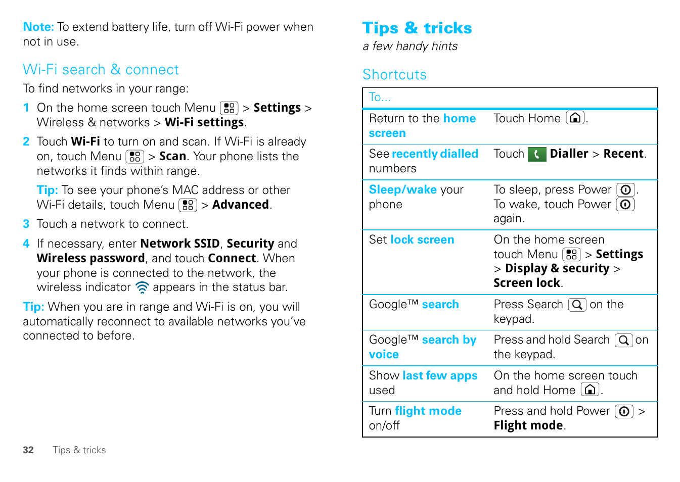 Wi-fi search & connect, Tips & tricks, Shortcuts | Motorola FLIPOUT 68004121004 User Manual | Page 34 / 64