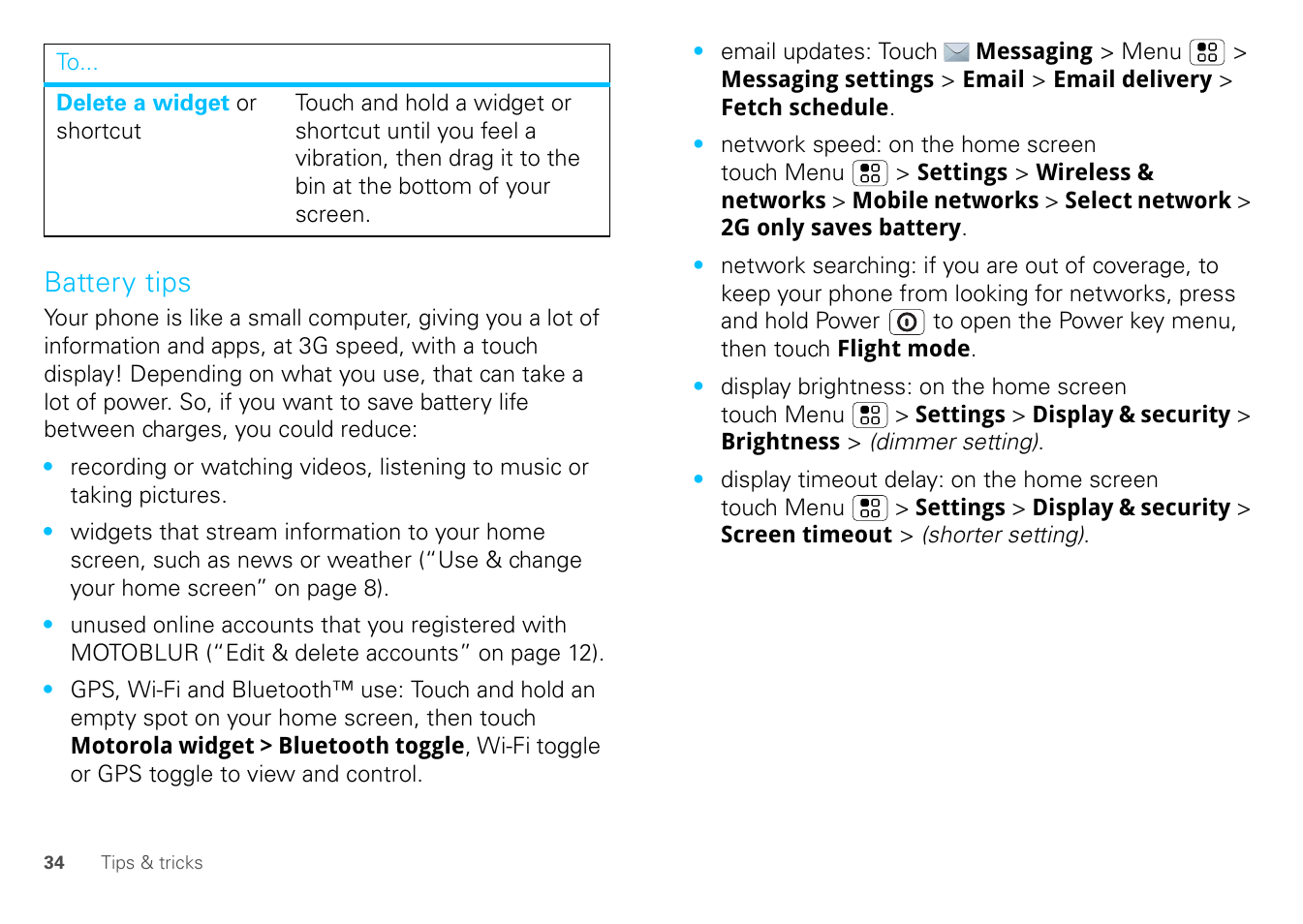 Battery tips | Motorola FLIPOUT 68004121004 User Manual | Page 36 / 64