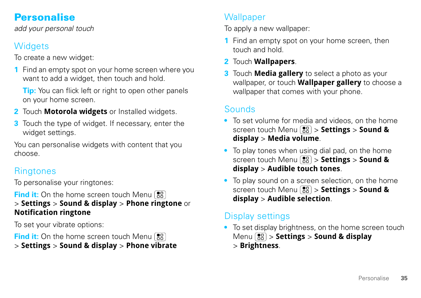 Personalise, Widgets, Ringtones | Wallpaper, Sounds, Display settings | Motorola FLIPOUT 68004121004 User Manual | Page 37 / 64