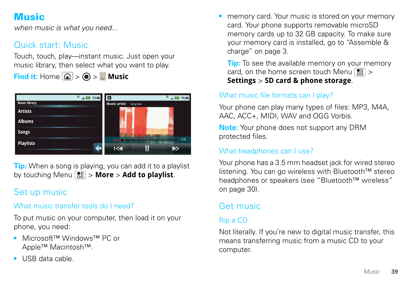 Music, Quick start: music, Set up music | Get music | Motorola FLIPOUT 68004121004 User Manual | Page 41 / 64