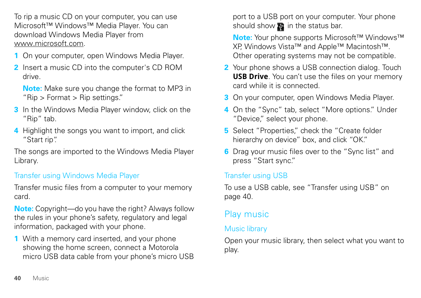 Play music | Motorola FLIPOUT 68004121004 User Manual | Page 42 / 64