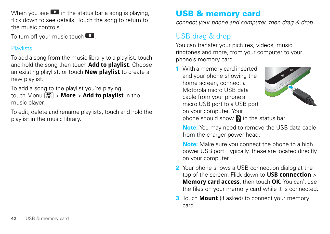 Usb & memory card, Usb drag & drop | Motorola FLIPOUT 68004121004 User Manual | Page 44 / 64