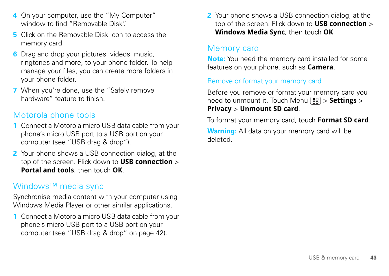 Motorola phone tools, Windows™ media sync, Memory card | Motorola FLIPOUT 68004121004 User Manual | Page 45 / 64