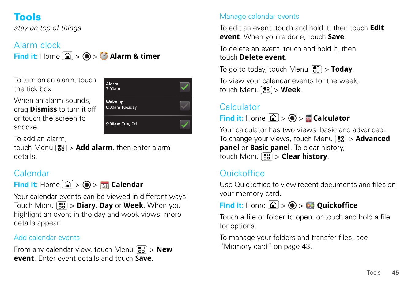 Tools, Alarm clock, Calendar | Calculator, Quickoffice | Motorola FLIPOUT 68004121004 User Manual | Page 47 / 64