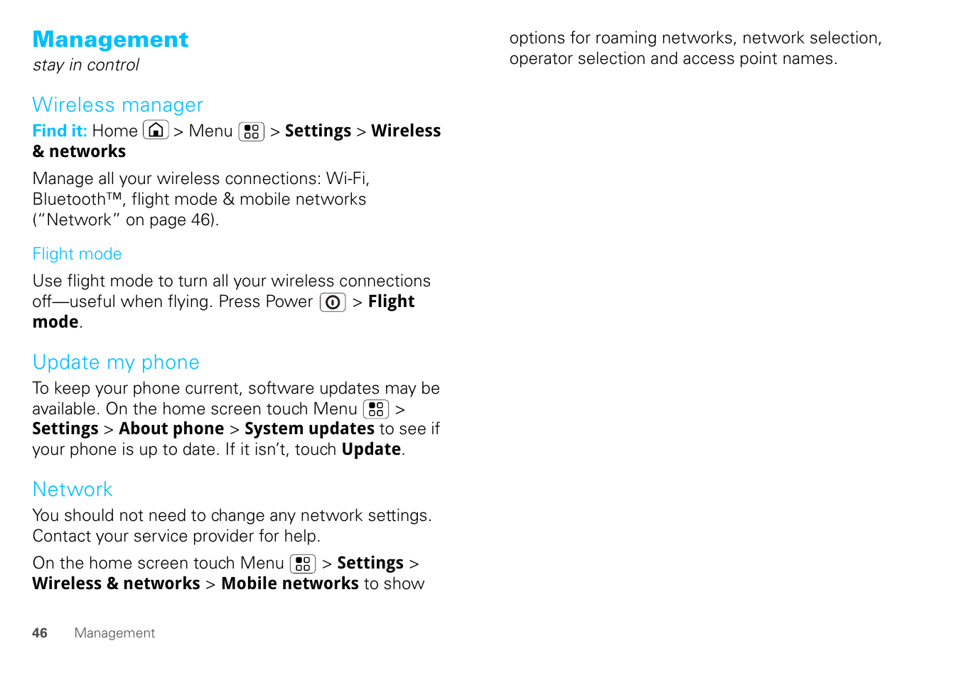 Management, Wireless manager, Update my phone | Network | Motorola FLIPOUT 68004121004 User Manual | Page 48 / 64