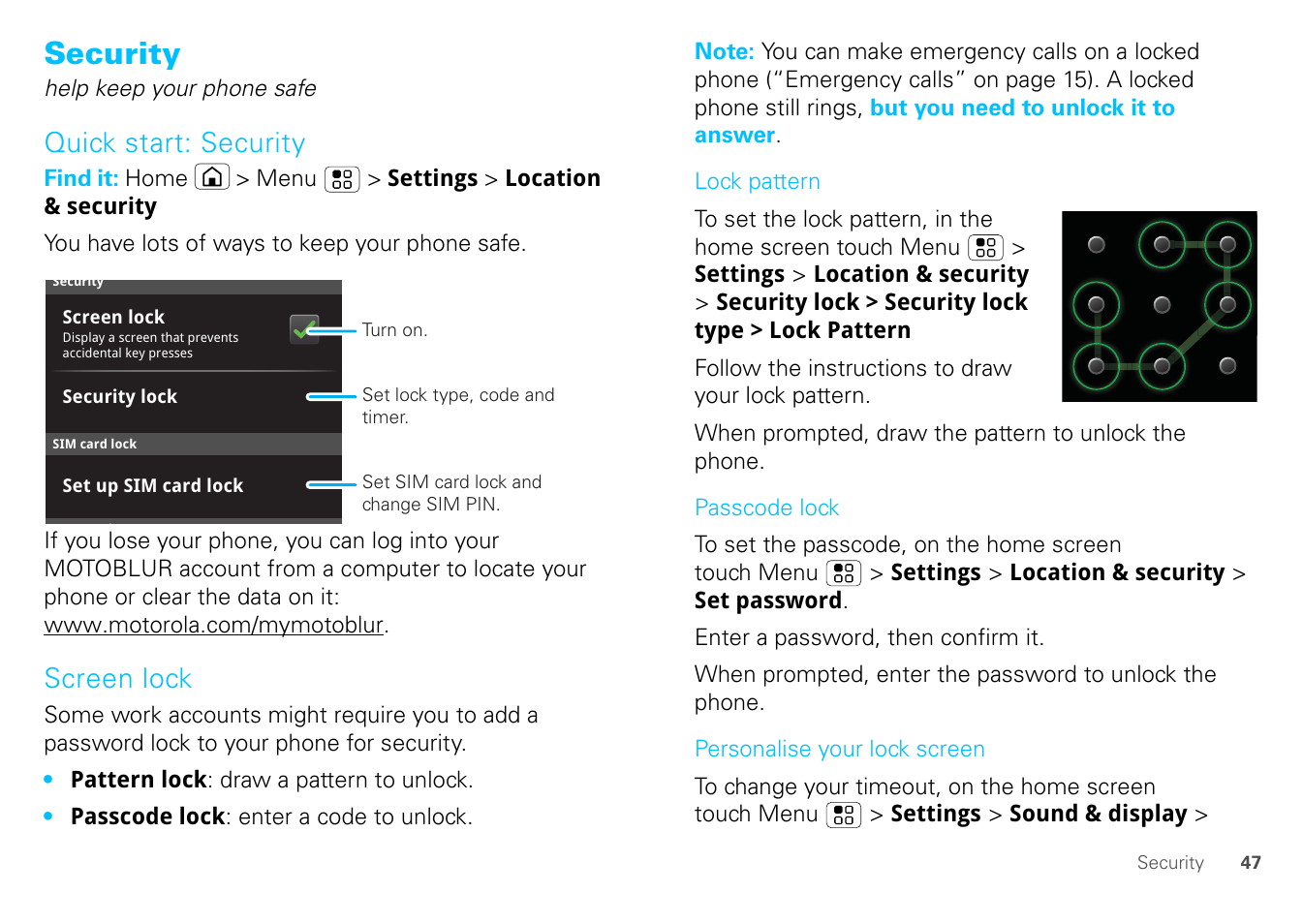 Security, Quick start: security, Screen lock | Motorola FLIPOUT 68004121004 User Manual | Page 49 / 64