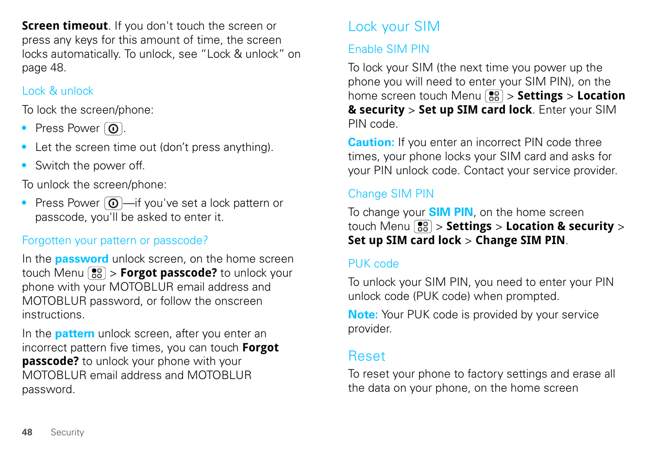 Lock your sim, Reset | Motorola FLIPOUT 68004121004 User Manual | Page 50 / 64