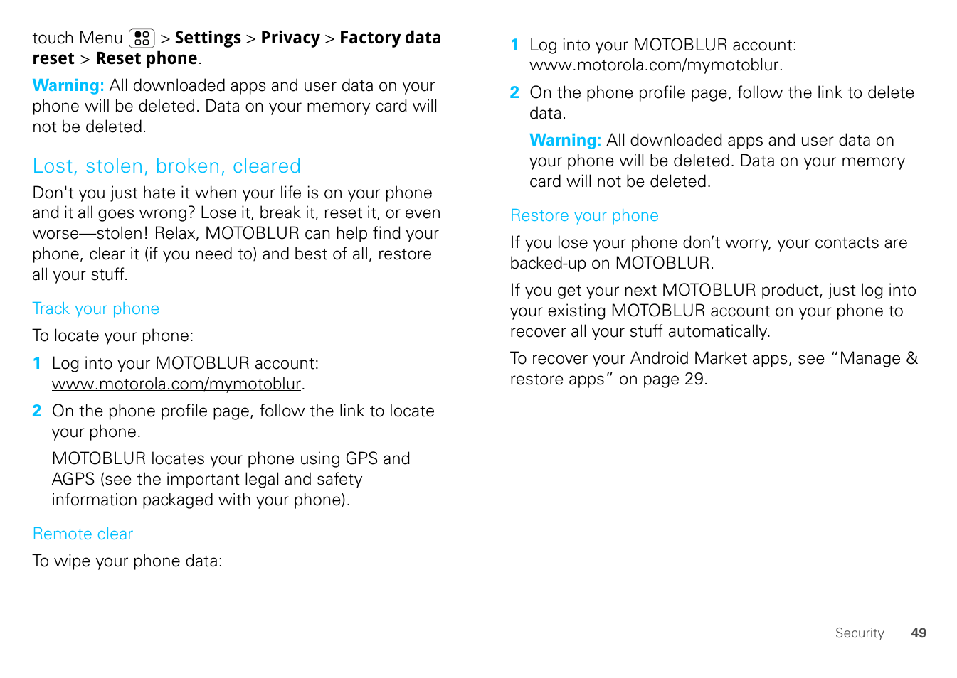 Lost, stolen, broken, cleared | Motorola FLIPOUT 68004121004 User Manual | Page 51 / 64