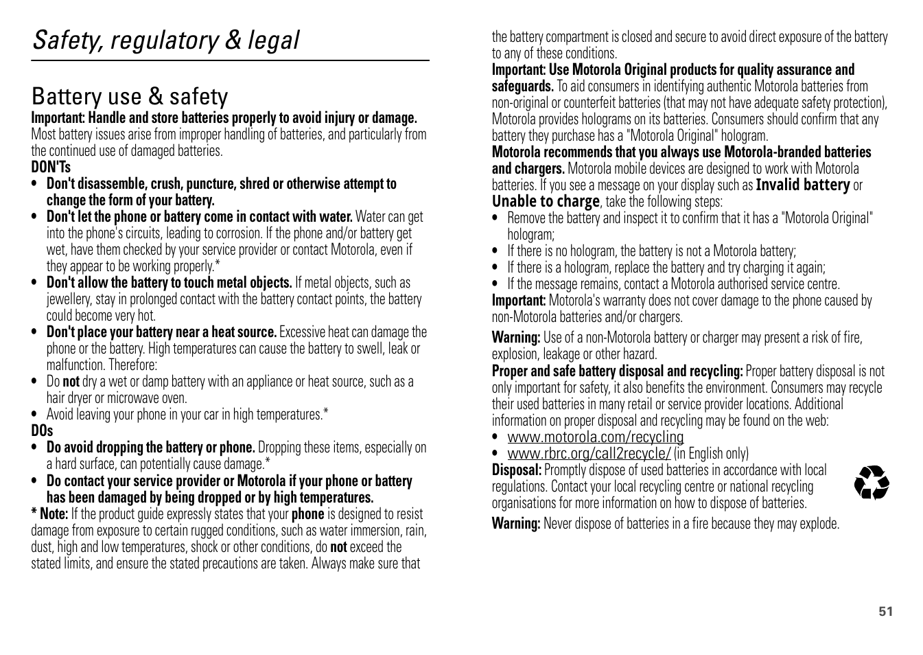 Safety, regulatory & legal, Battery use & safety | Motorola FLIPOUT 68004121004 User Manual | Page 53 / 64