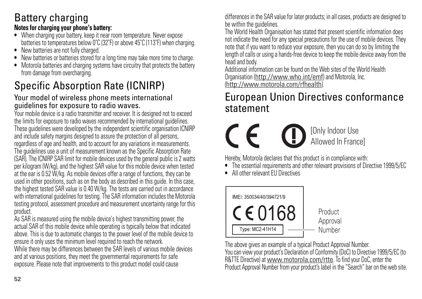 Battery charging, Sar (icnirp), Eu conformance | Specific absorption rate (icnirp), European union directives conformance statement | Motorola FLIPOUT 68004121004 User Manual | Page 54 / 64