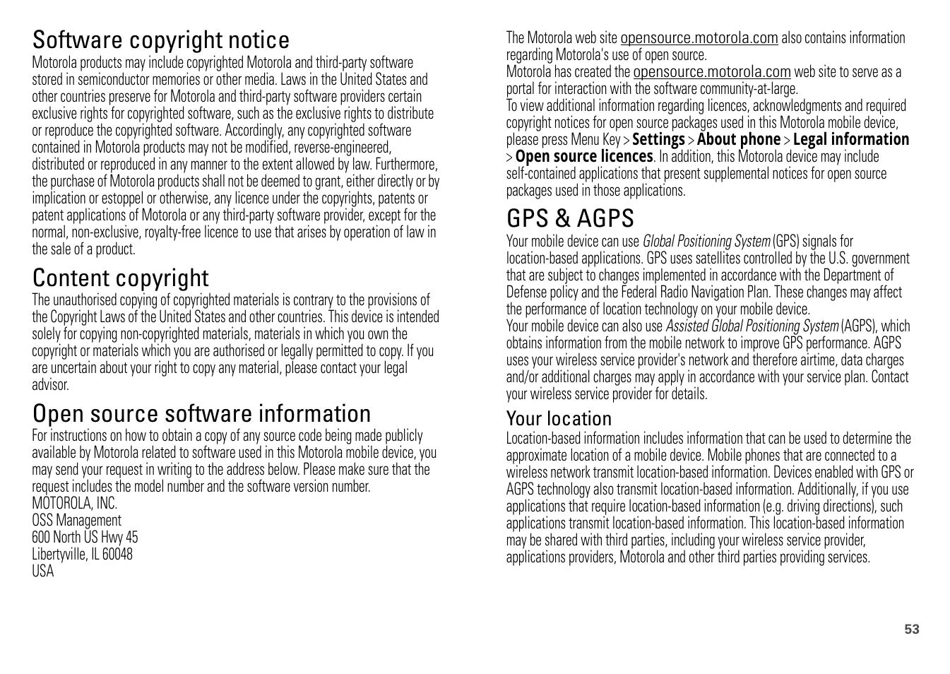 Software copyright notice, Content copyright, Oss information | Gps & agps, Open source software information, Your location | Motorola FLIPOUT 68004121004 User Manual | Page 55 / 64