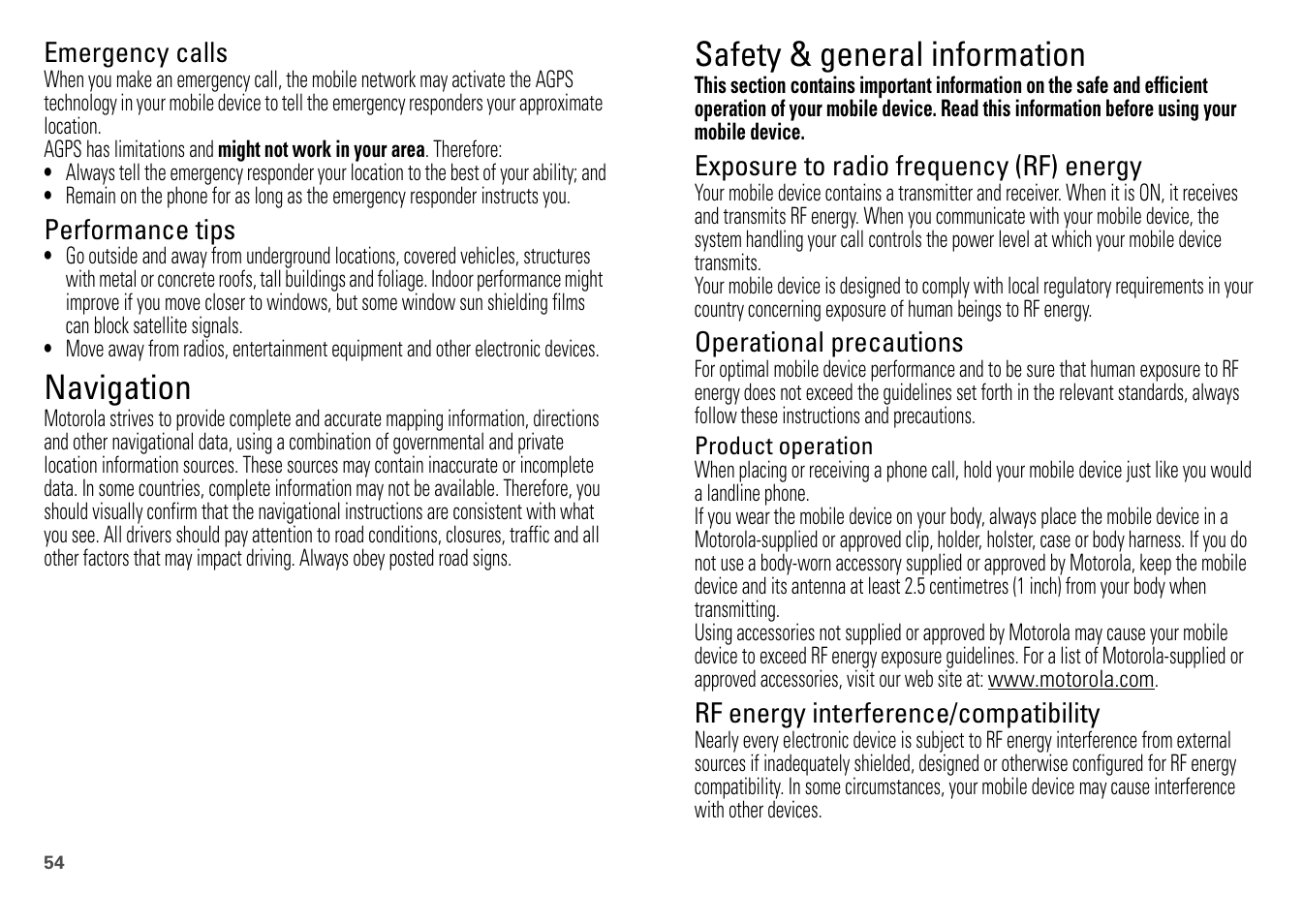 Navigation, Safety information, Safety & general information | Motorola FLIPOUT 68004121004 User Manual | Page 56 / 64