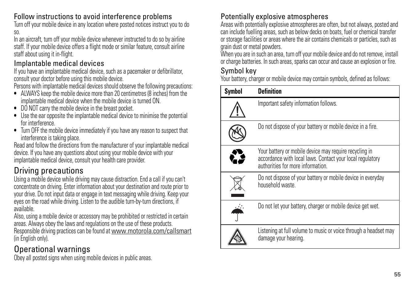 Driving precautions, Operational warnings | Motorola FLIPOUT 68004121004 User Manual | Page 57 / 64