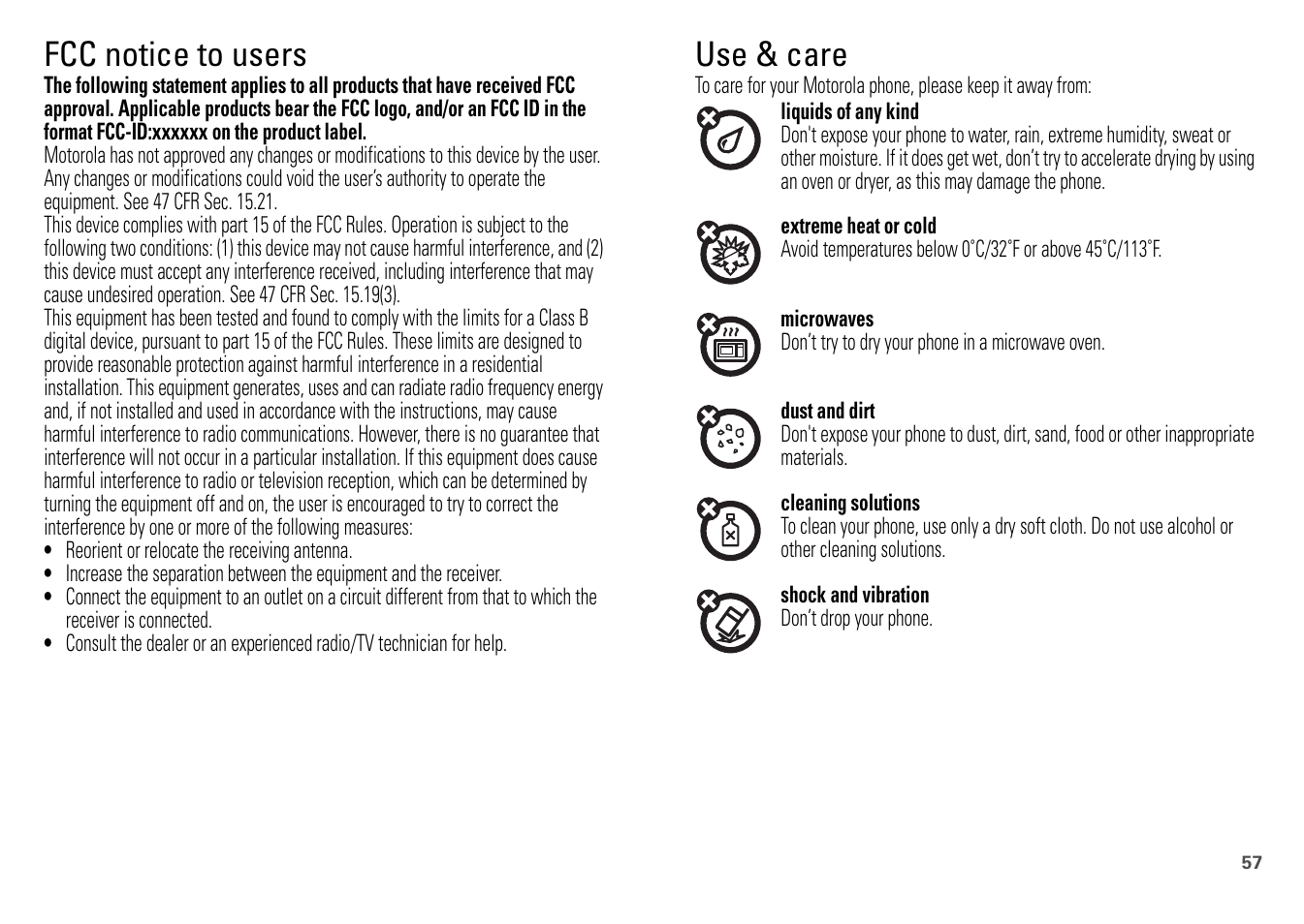 Fcc notice, Use & care, Fcc notice to users | Motorola FLIPOUT 68004121004 User Manual | Page 59 / 64