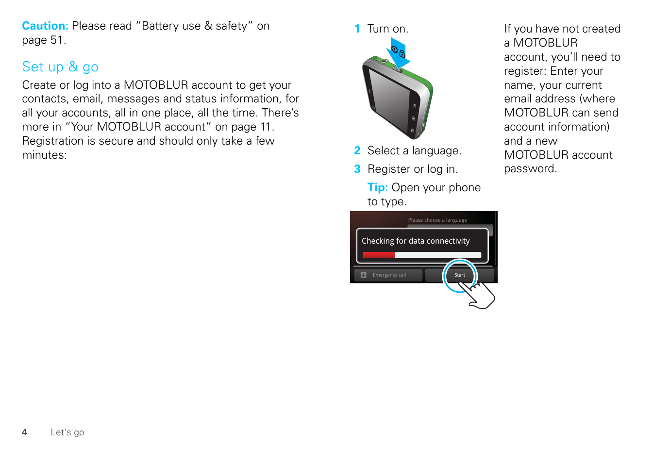 Set up & go | Motorola FLIPOUT 68004121004 User Manual | Page 6 / 64