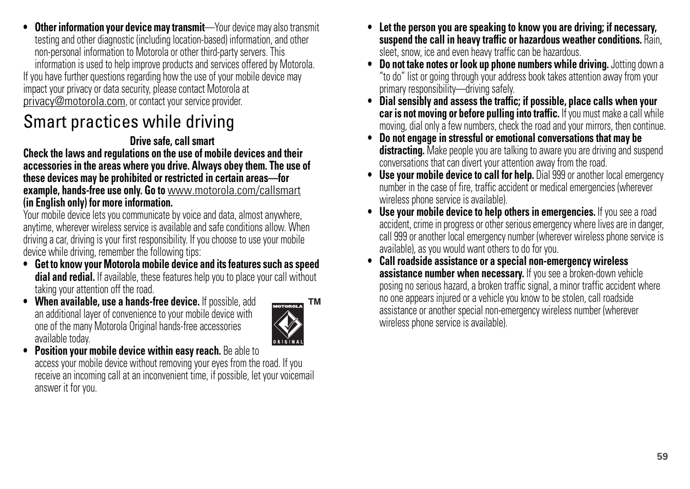 Driving safety, Smart practices while driving | Motorola FLIPOUT 68004121004 User Manual | Page 61 / 64