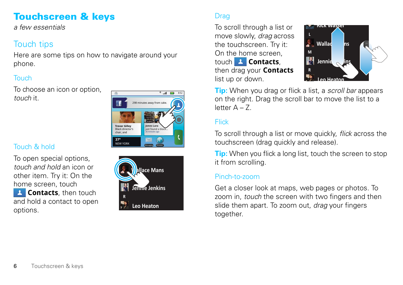 Touchscreen & keys, Touch tips | Motorola FLIPOUT 68004121004 User Manual | Page 8 / 64