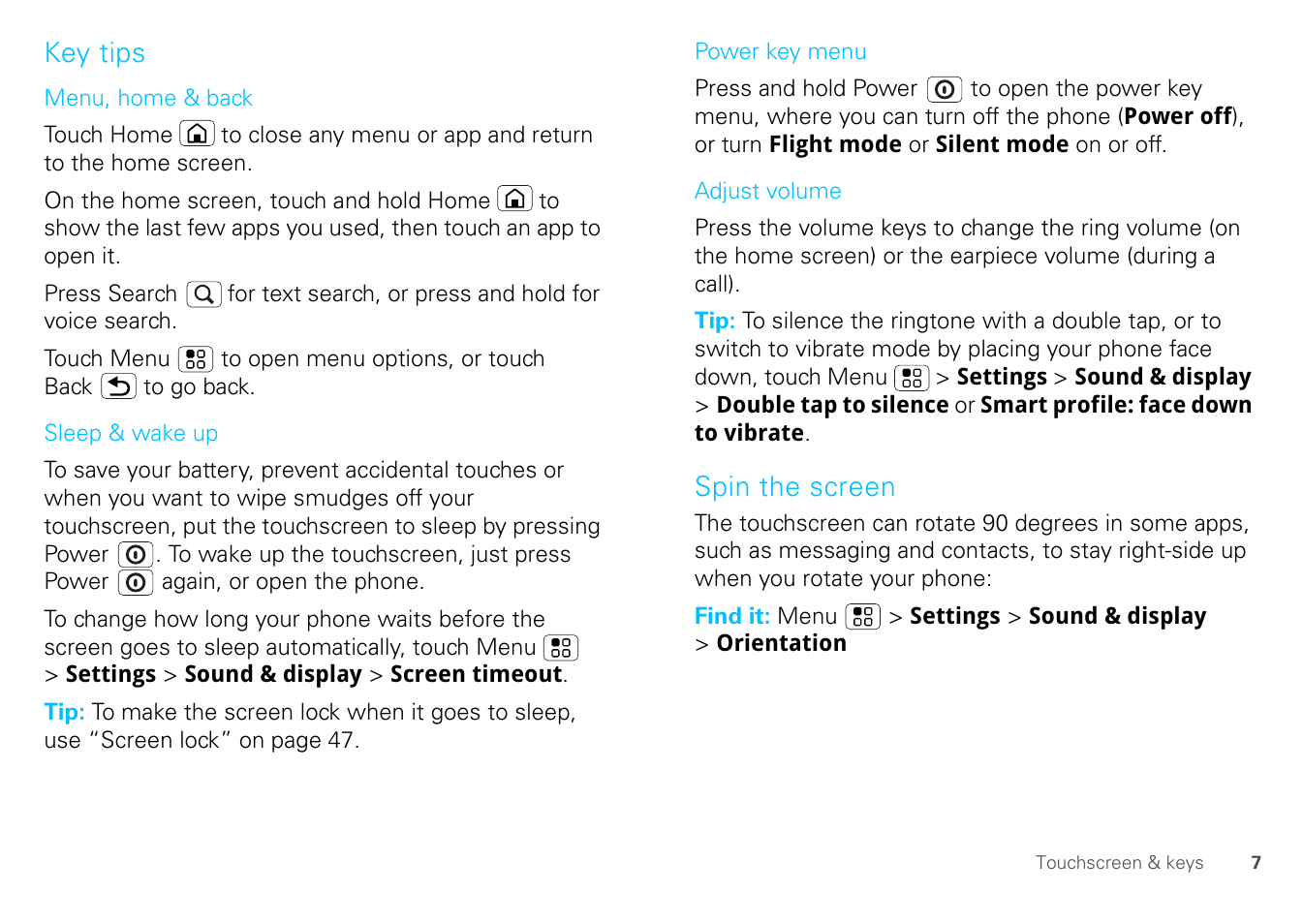Key tips, Spin the screen | Motorola FLIPOUT 68004121004 User Manual | Page 9 / 64