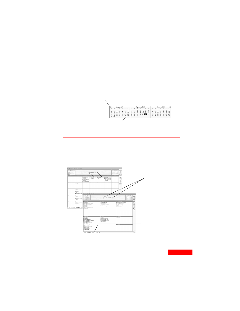 Selecting dates in the daily view, The weekly and monthly views | Motorola Organizer User Manual | Page 59 / 90