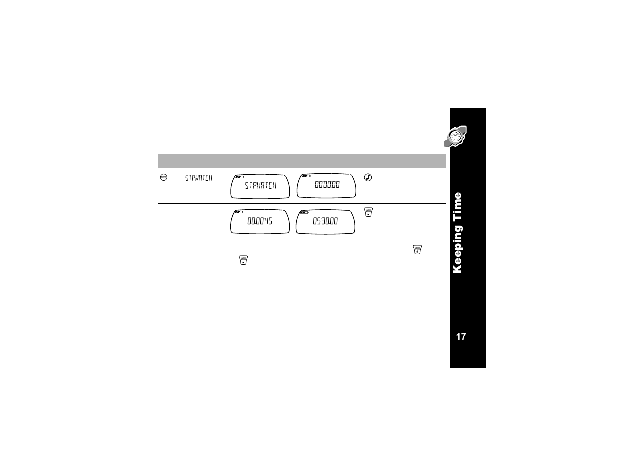 Stopwatch, Stpwatch, Keepi ng tim e | Motorola T6320 User Manual | Page 29 / 58