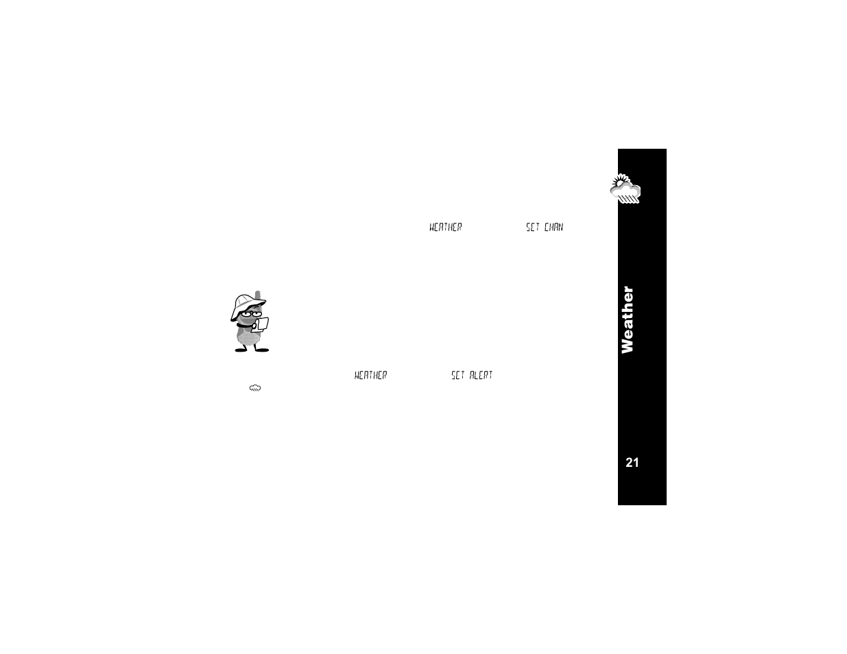 Setting the weather channel, Setting the weather alert, We athe r | Motorola T6320 User Manual | Page 33 / 58