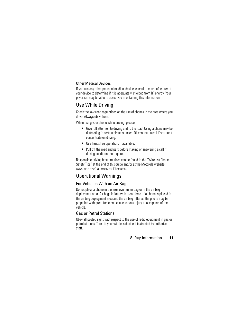 Use while driving, Operational warnings | Motorola L6 GSM User Manual | Page 12 / 87