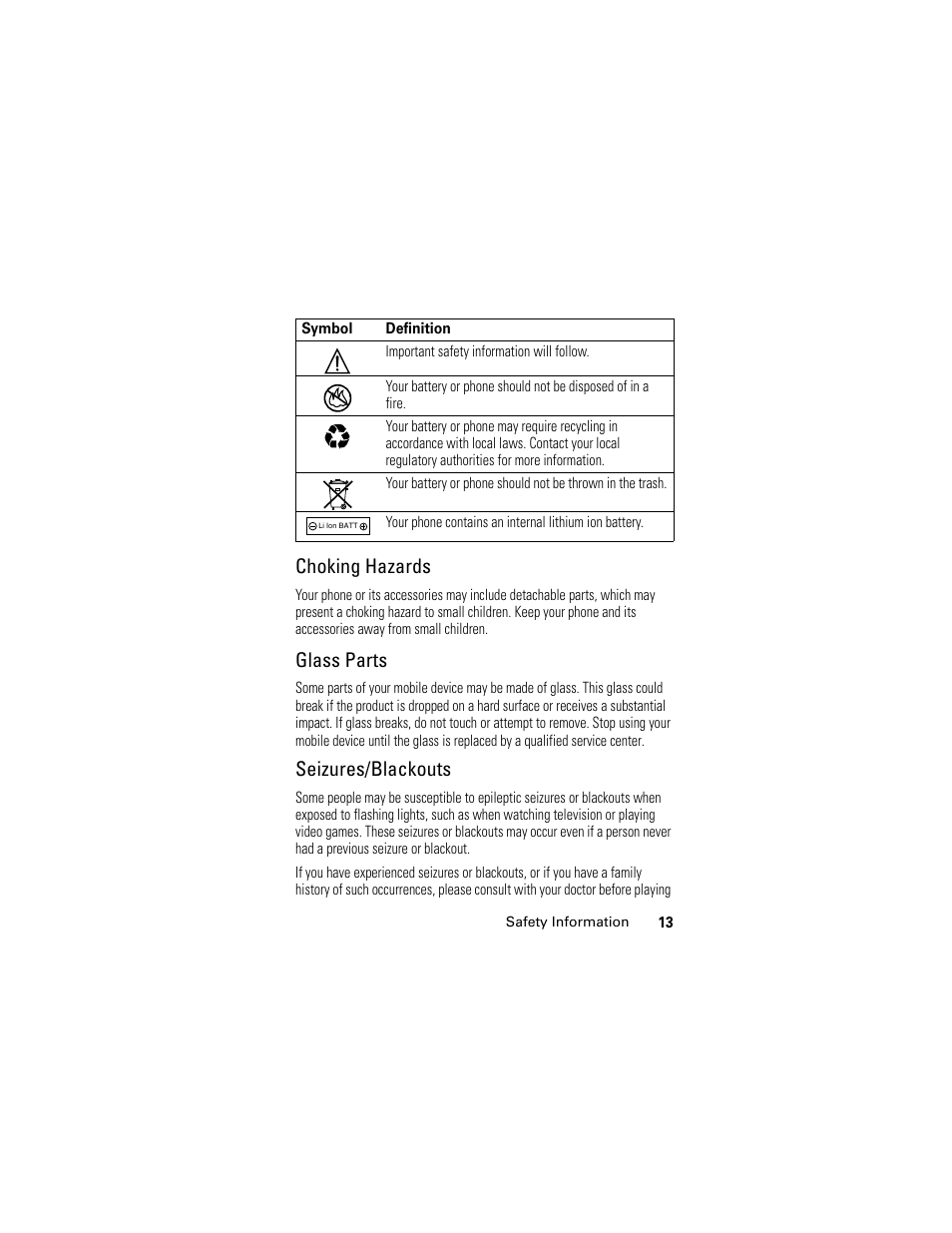 Choking hazards, Seizures/blackouts, Glass parts | Motorola L6 GSM User Manual | Page 14 / 87