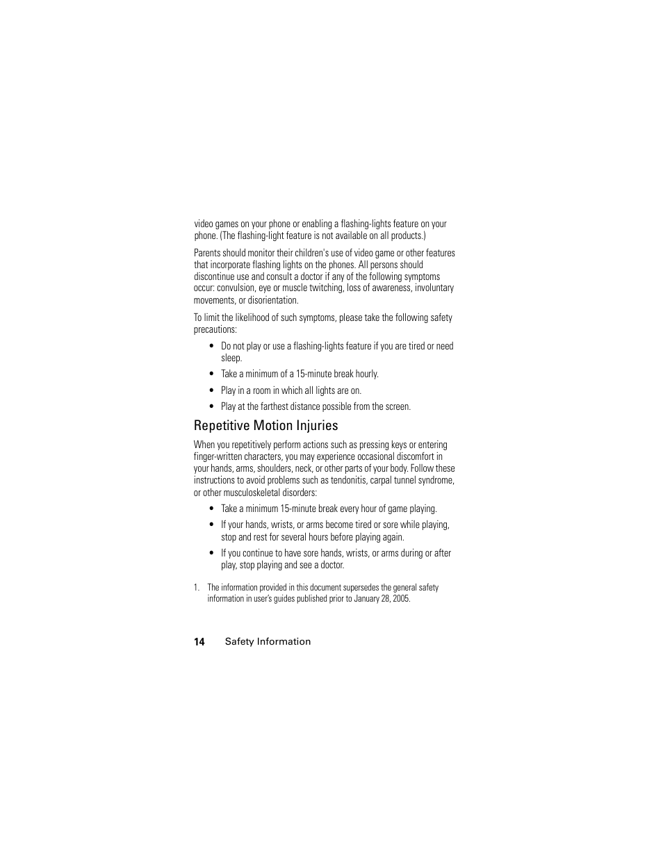Repetitive motion injuries | Motorola L6 GSM User Manual | Page 15 / 87