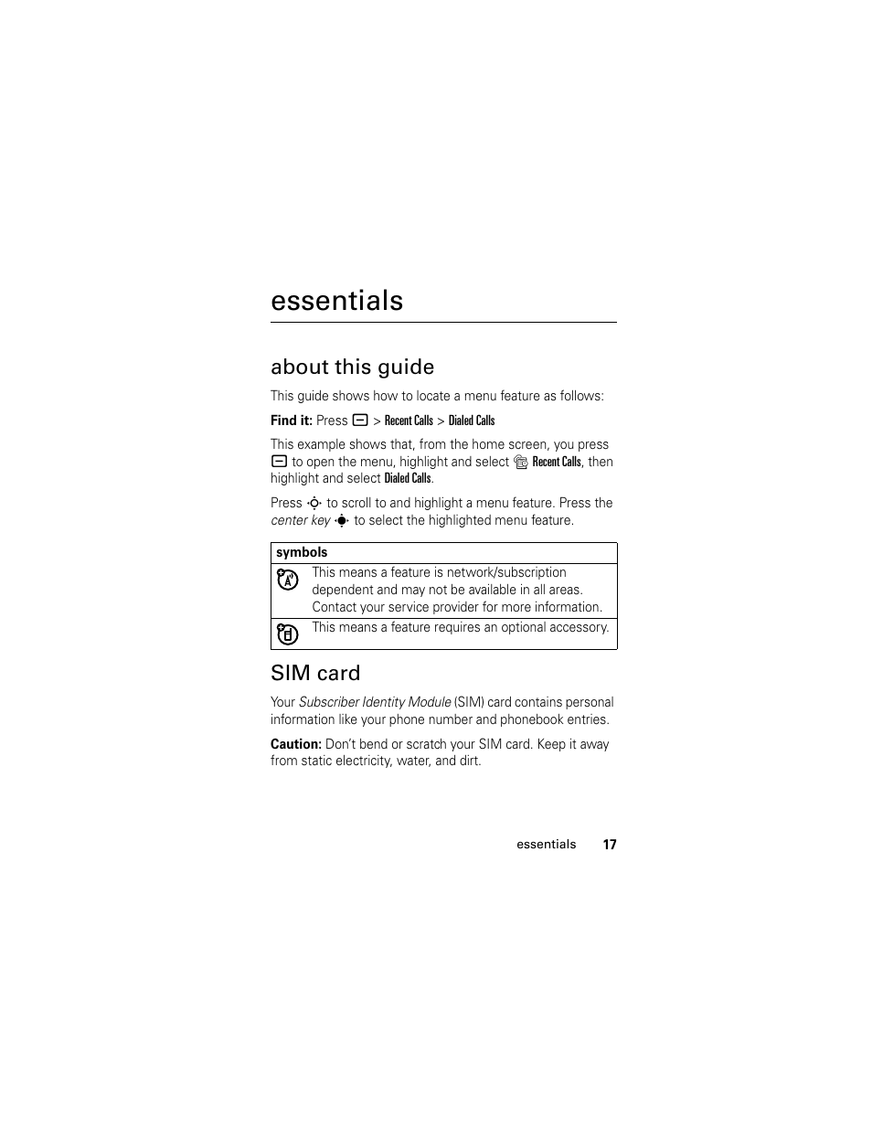 Essentials, About this guide, Sim card | Motorola L6 GSM User Manual | Page 18 / 87