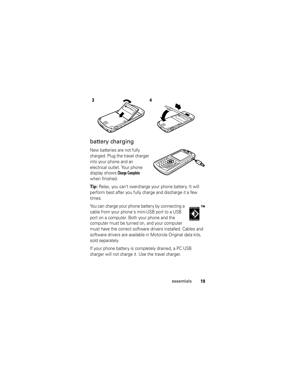 Battery charging | Motorola L6 GSM User Manual | Page 20 / 87